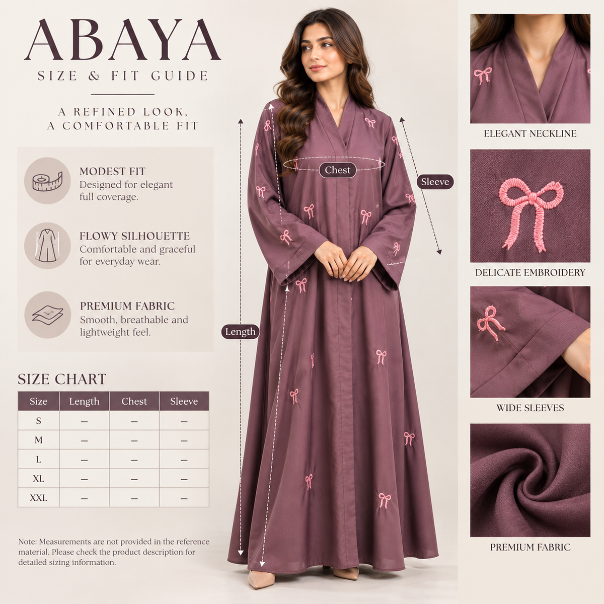 Naeem Boutique Mauve Embroidered Abaya for Women – Elegant Full Length Modest Maxi Dress with Bow Embroidery & Wide Sleeves