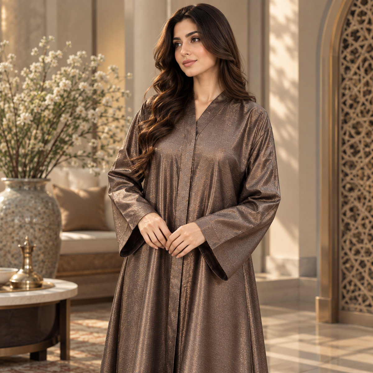 Naeem Boutique Metallic Bronze Abaya for Women – Luxury Shimmer Full-Length Maxi Abaya with Wide Sleeves, Elegant Modest Occasion Wear