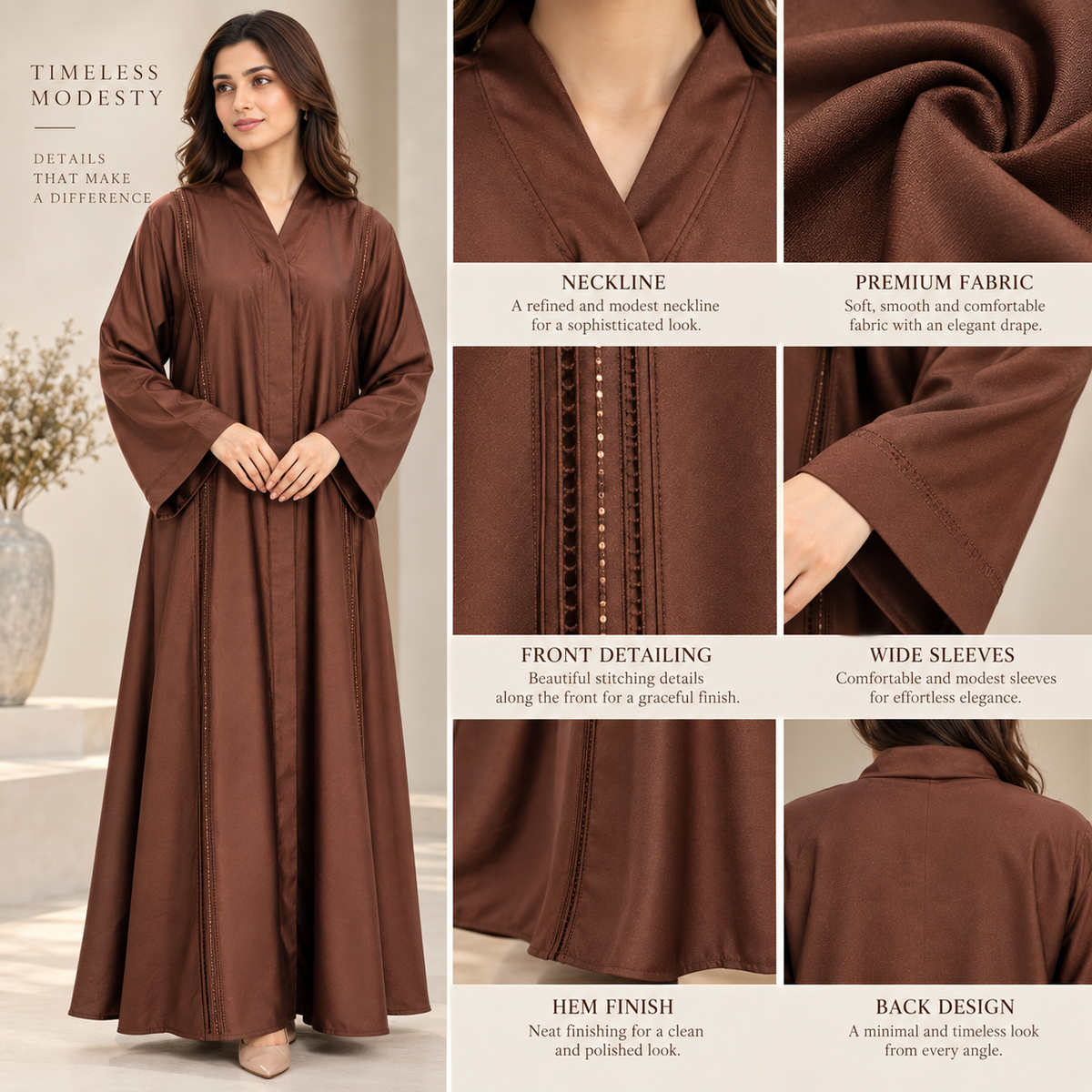 Naeem Boutique Rust Brown Abaya for Women – Elegant Full-Length Modest Maxi Abaya with Wide Sleeves & Refined Panel Detailing