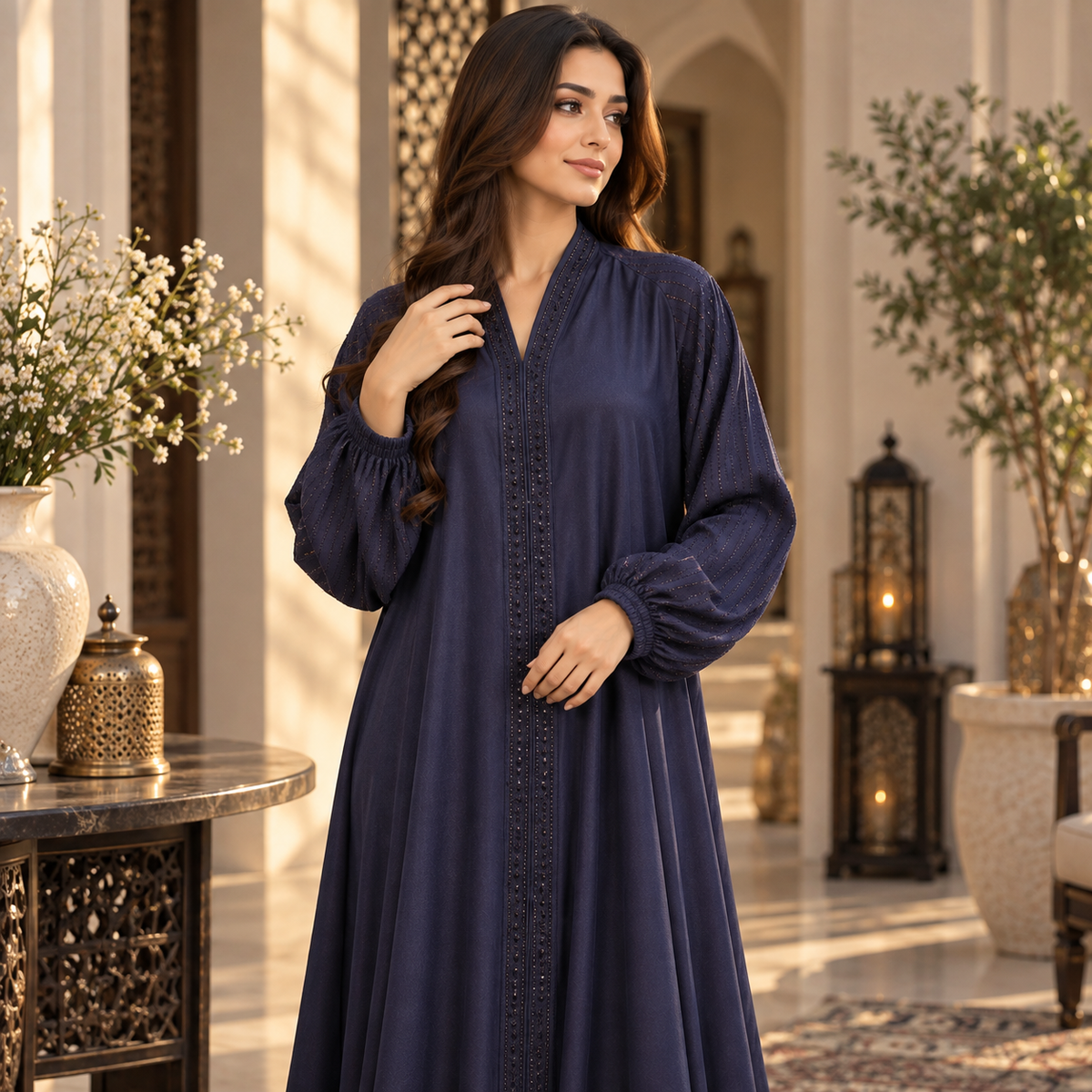 Naeem Boutique Navy Blue Embellished Abaya for Women – Elegant 200-Inch Flair Full-Length Modest Dress with Statement Balloon Sleeves