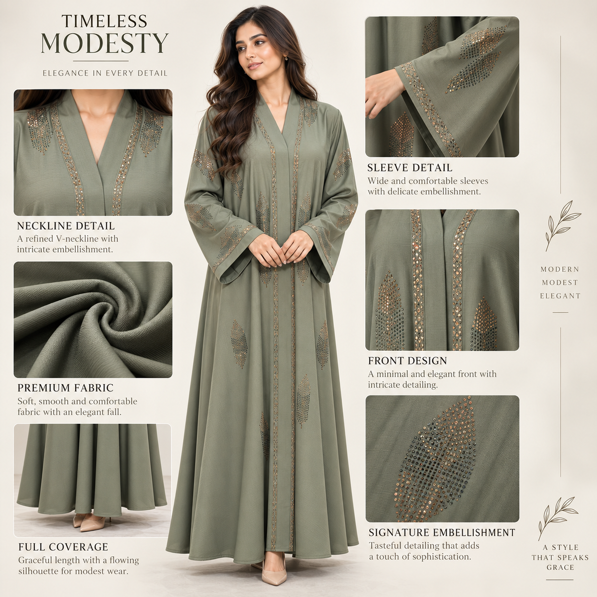 Naeem Boutique Sage Green Embellished Abaya for Women – Luxury Leaf Detail Full-Length Maxi Abaya with Wide Sleeves for Occasion Wear