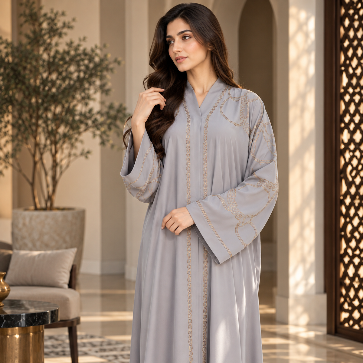 Naeem Boutique Pearl Embroidered Abaya for Women – Geometric Detail, 33-Inch Chest Full-Length Maxi Abaya with Wide Sleeves, Modest Wear
