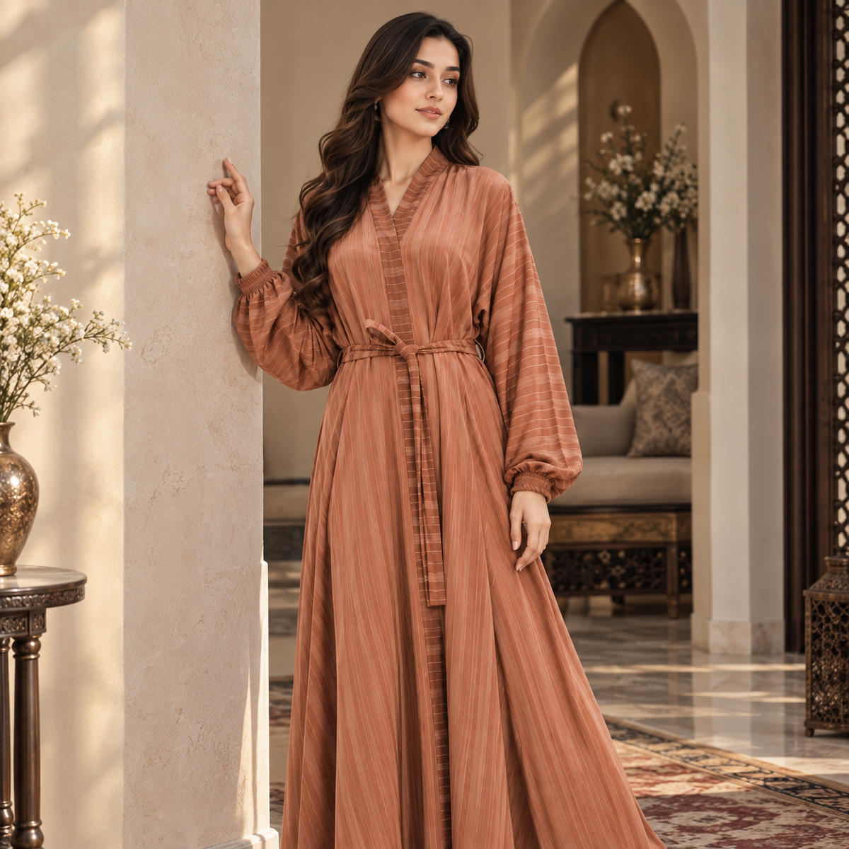 Naeem Boutique Rust Brown Striped Open Abaya for Women – Belted Full-Length Modest Abaya with Balloon Sleeves & Elegant Layered Design