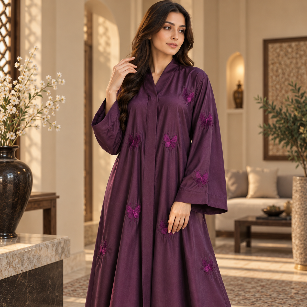 Naeem Boutique Purple Butterfly Embroidered Abaya for Women – Elegant Full-Length Modest Abaya with Wide Sleeves & Flowing Fit