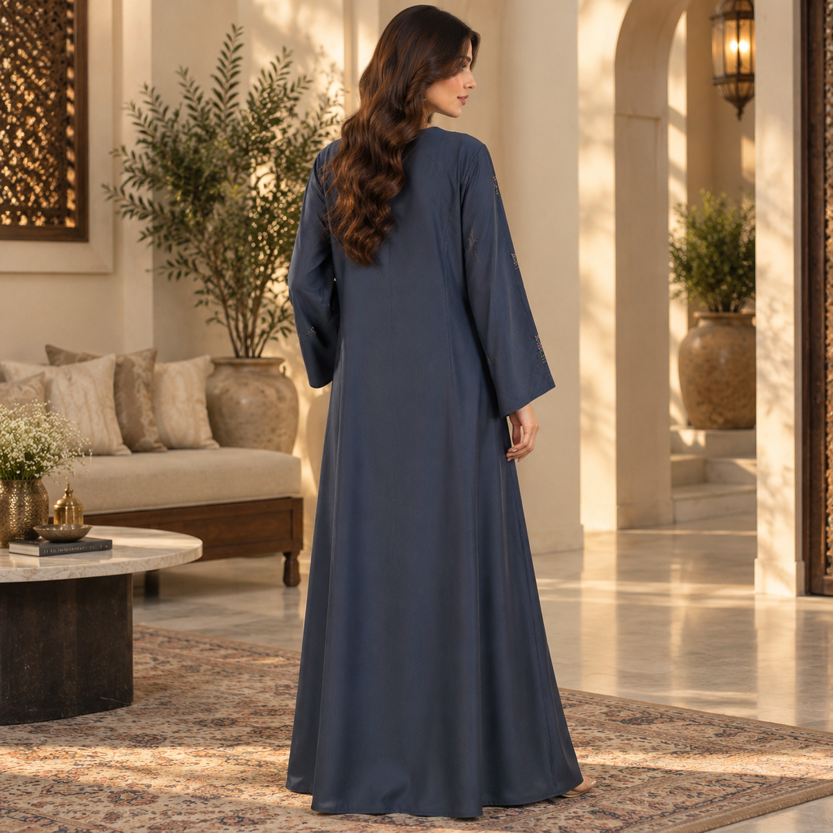Naeem Boutique – Navy Blue Embellished Abaya for Women | Elegant Full Length Modest Abaya with Flared Sleeves & Delicate Detailing