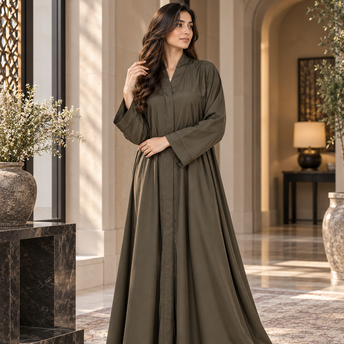 Naeem Boutique Olive Green Abaya for Women | Minimal Full Length Modest Abaya with Wide Sleeves, Elegant Front Detailing & Flowy Fit