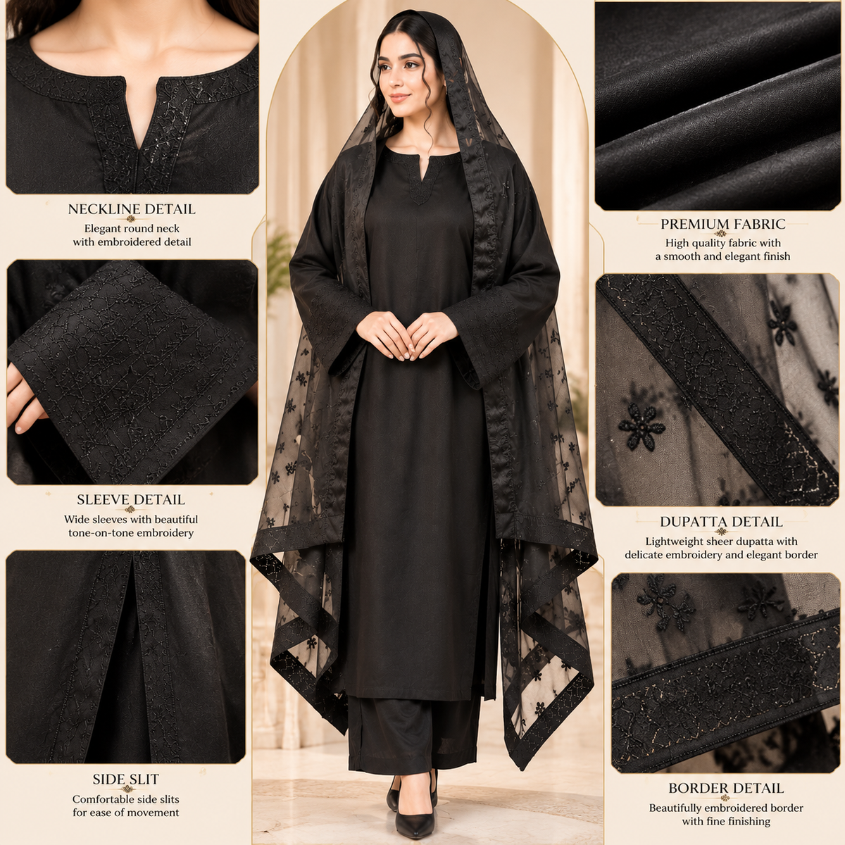 Winter Cotton 3-Piece Suit with Flared Plazo
