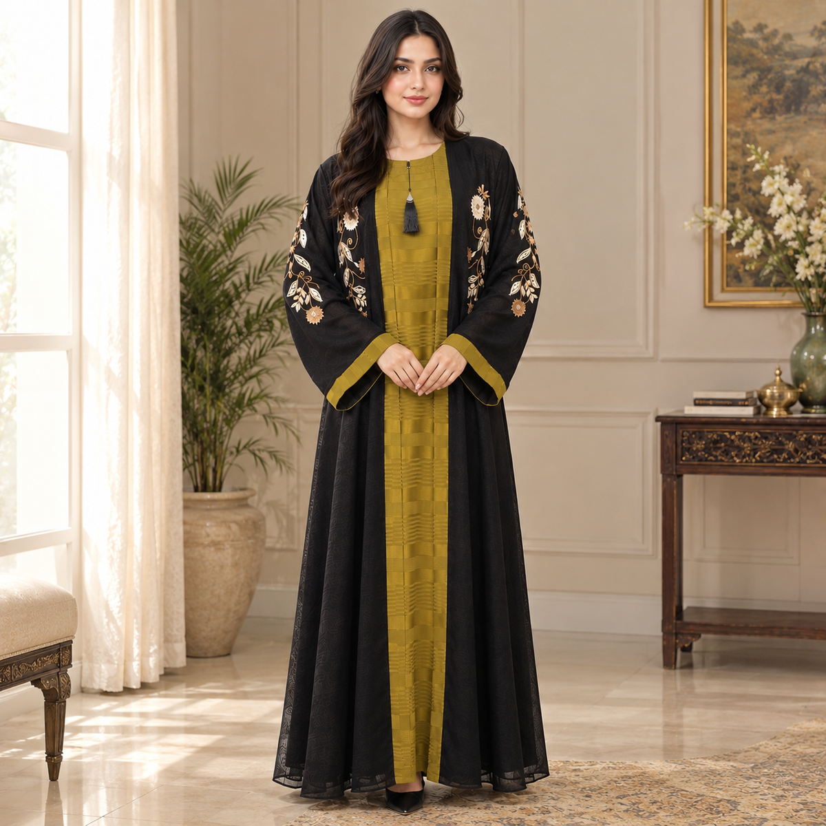 Naeem Boutique – 2-Piece Embroidered Abaya Set with Chiffon Jacket