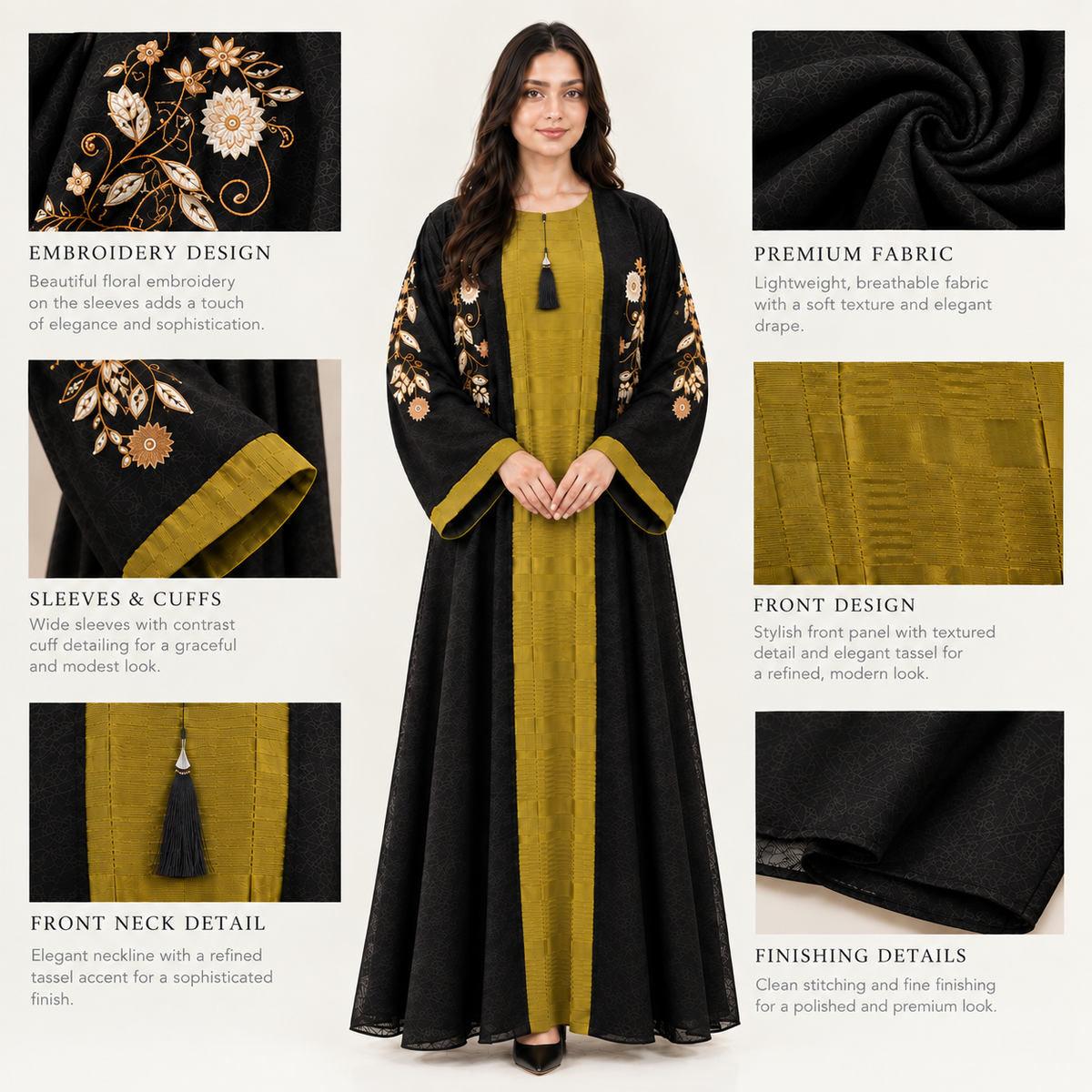 Naeem Boutique – 2-Piece Embroidered Abaya Set with Chiffon Jacket