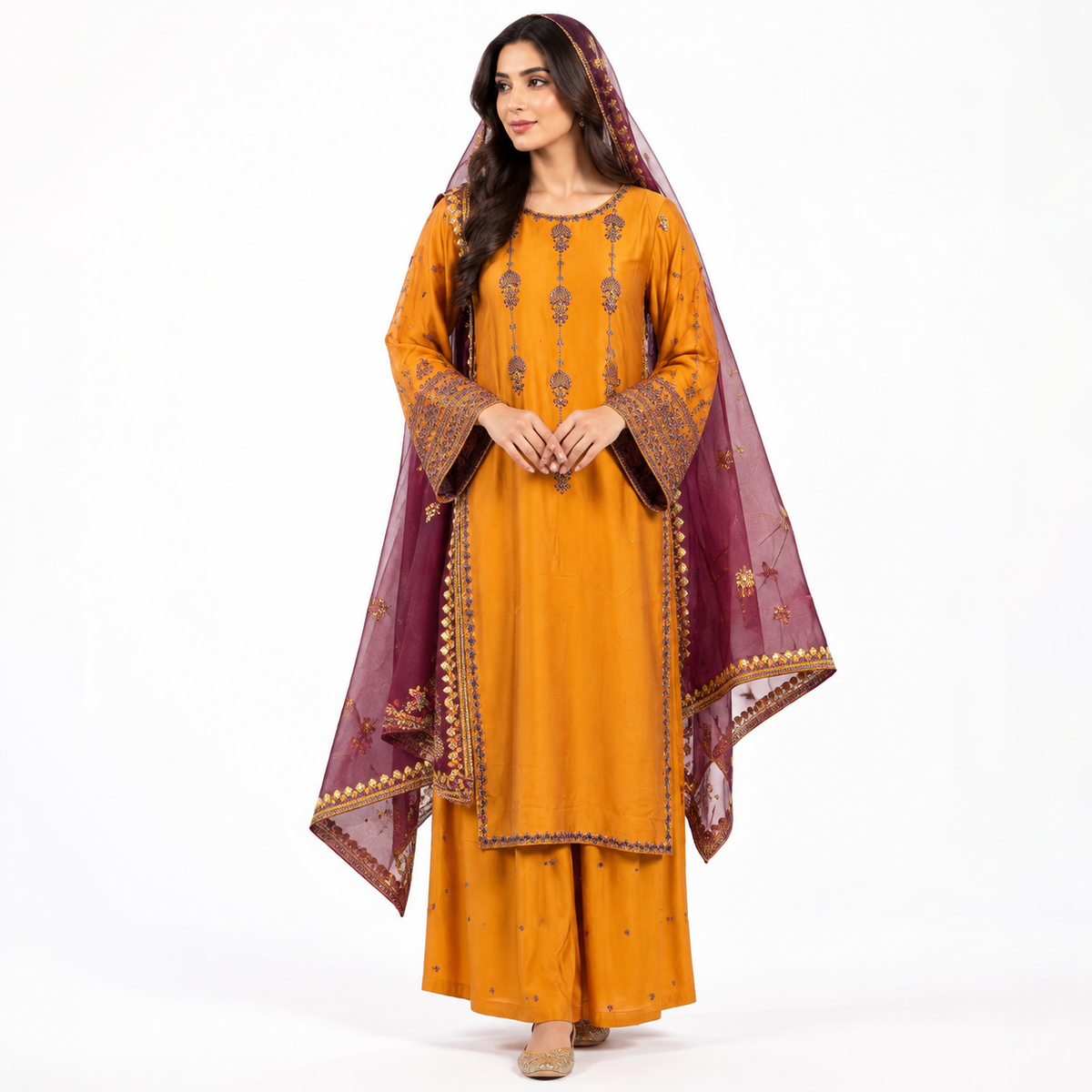Embroidered 3-Piece Suit with Plazo & Organza and khaddi Stuff Dupatta