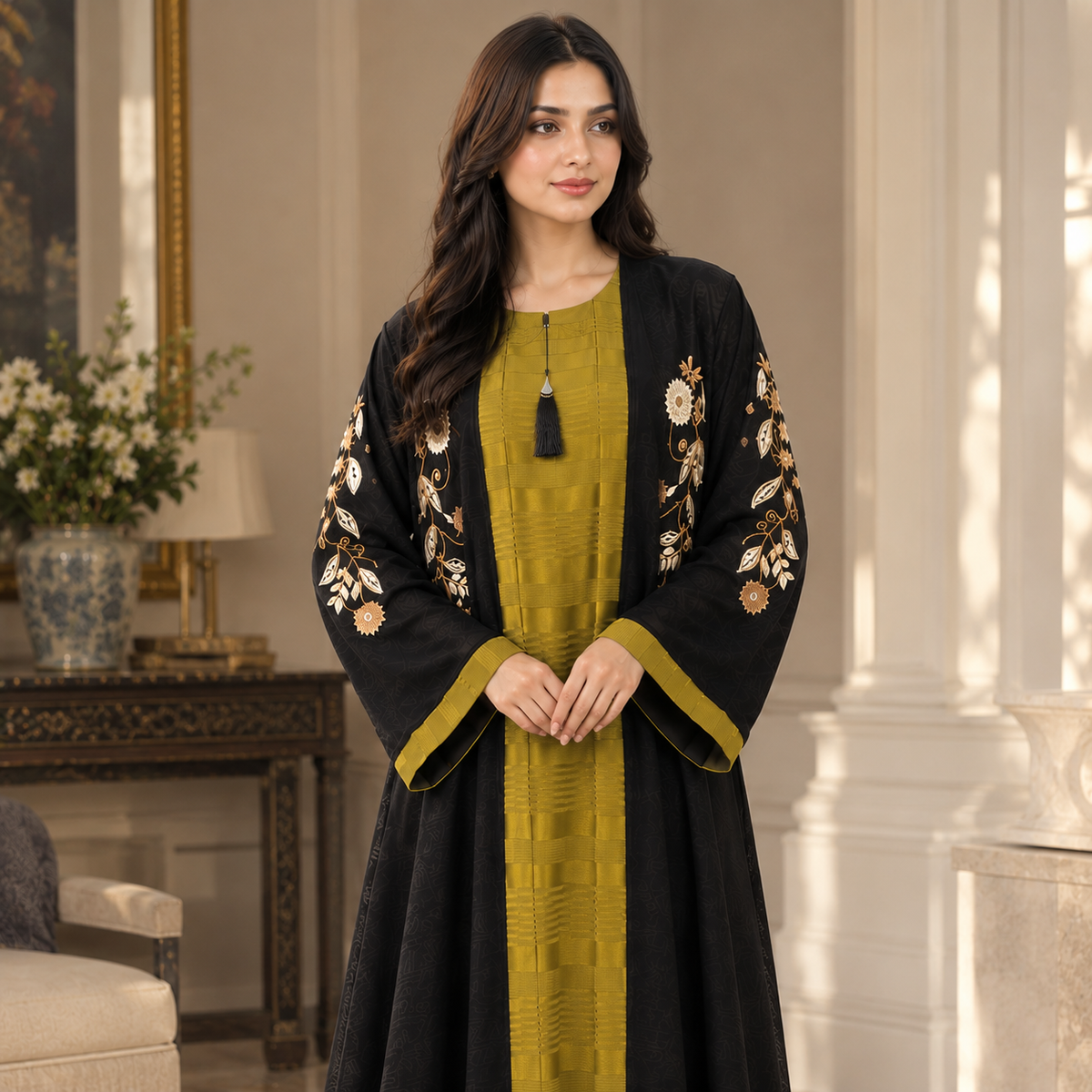 Naeem Boutique – 2-Piece Embroidered Abaya Set with Chiffon Jacket
