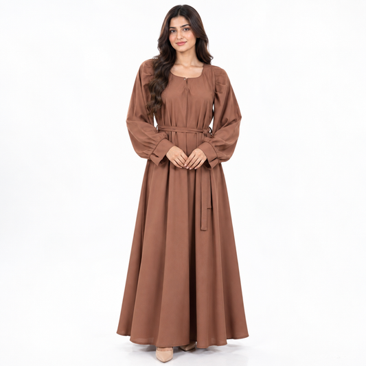 Naeem Boutique Elegant Brown Belted Abaya for Women – Premium Full Length Modest Maxi Dress with Balloon Sleeves, 200-Inch Flair & Flowy Design