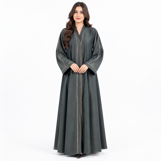 Naeem Boutique Charcoal Grey Open Abaya for Women – Elegant Full Length Modest Maxi Dress with Contrast Trim & Wide Sleeves