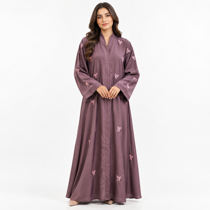 Naeem Boutique Mauve Embroidered Abaya for Women – Elegant Full Length Modest Maxi Dress with Bow Embroidery & Wide Sleeves