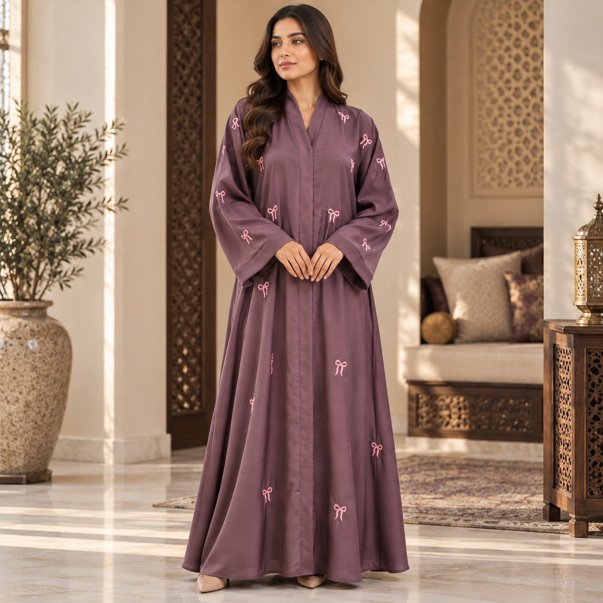 Naeem Boutique Mauve Embroidered Abaya for Women – Elegant Full Length Modest Maxi Dress with Bow Embroidery & Wide Sleeves