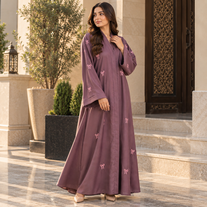 Naeem Boutique Mauve Embroidered Abaya for Women – Elegant Full Length Modest Maxi Dress with Bow Embroidery & Wide Sleeves