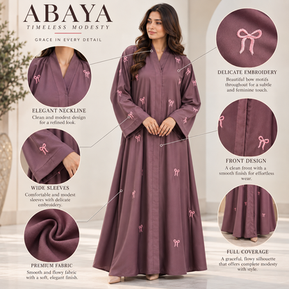 Naeem Boutique Mauve Embroidered Abaya for Women – Elegant Full Length Modest Maxi Dress with Bow Embroidery & Wide Sleeves