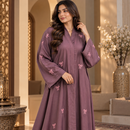 Naeem Boutique Mauve Embroidered Abaya for Women – Elegant Full Length Modest Maxi Dress with Bow Embroidery & Wide Sleeves