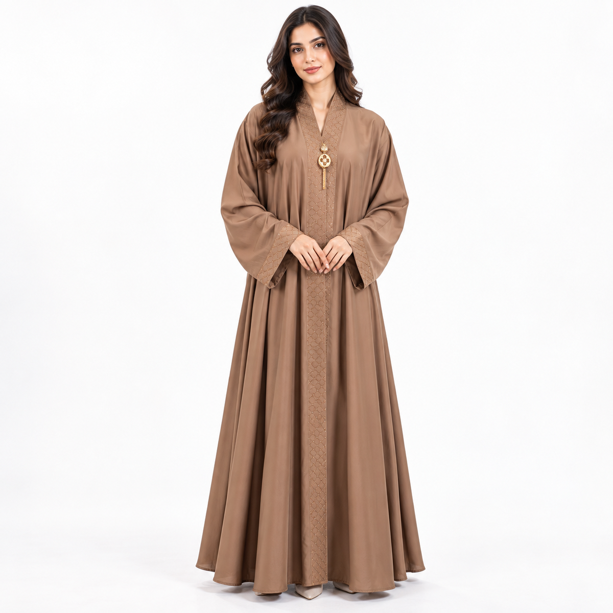 Naeem Boutique Mocha Brown Embellished Abaya for Women – Elegant Full Length Modest Maxi Dress with Decorative Front & Wide Sleeves