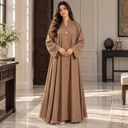 Naeem Boutique Mocha Brown Embellished Abaya for Women – Elegant Full Length Modest Maxi Dress with Decorative Front & Wide Sleeves