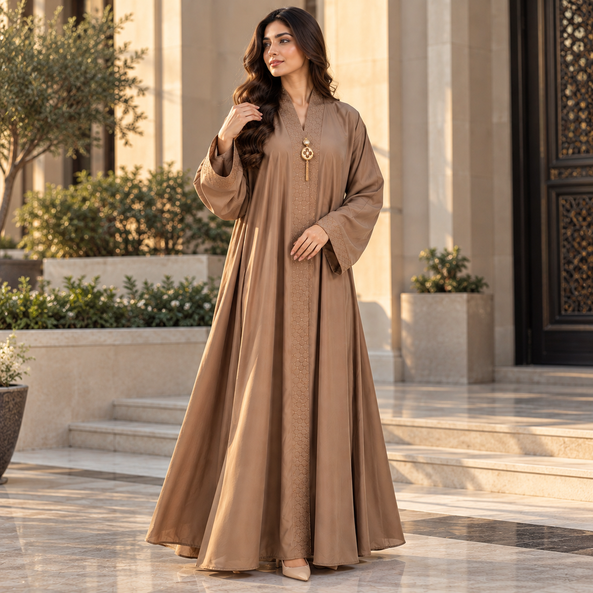Naeem Boutique Mocha Brown Embellished Abaya for Women – Elegant Full Length Modest Maxi Dress with Decorative Front & Wide Sleeves