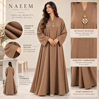 Naeem Boutique Mocha Brown Embellished Abaya for Women – Elegant Full Length Modest Maxi Dress with Decorative Front & Wide Sleeves