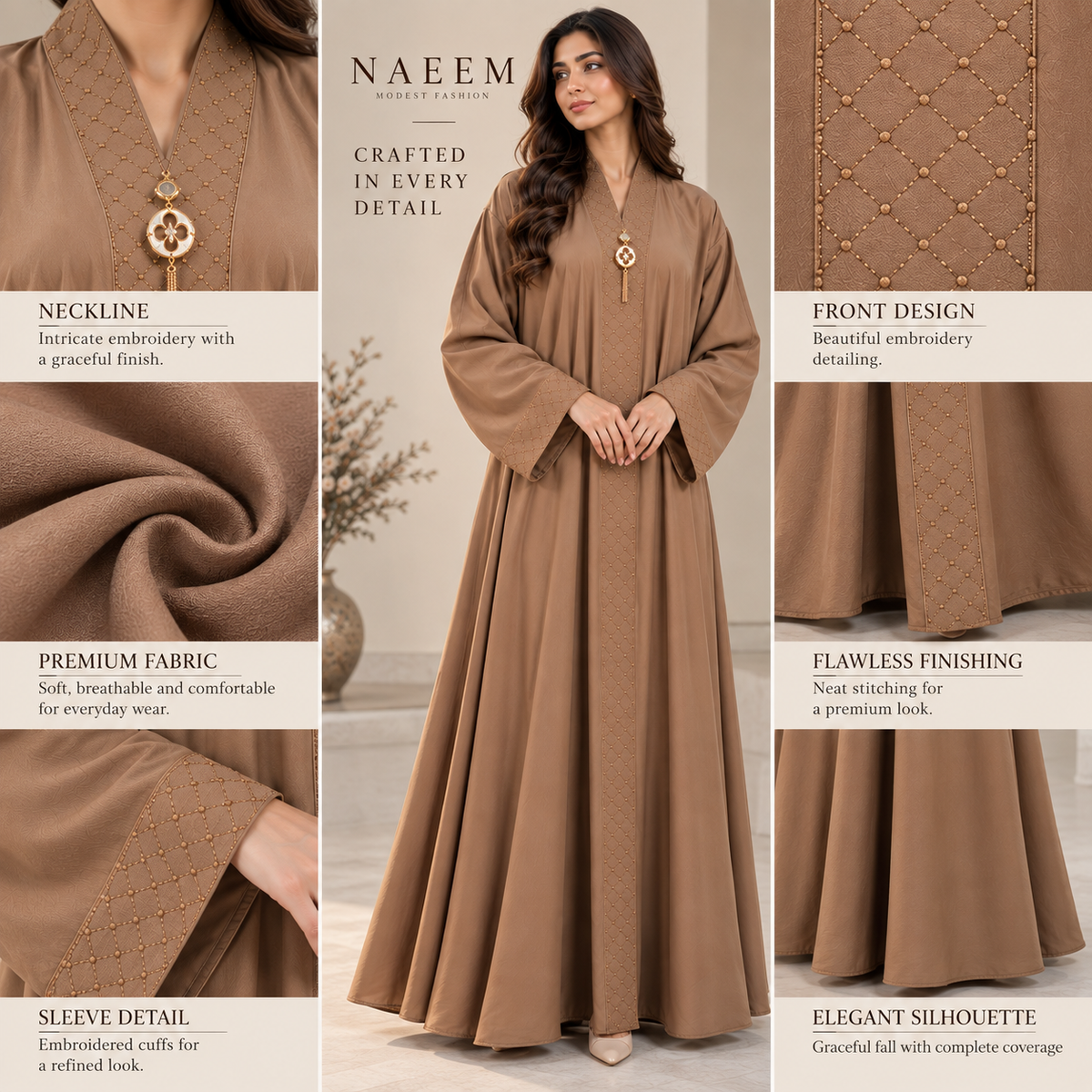 Naeem Boutique Mocha Brown Embellished Abaya for Women – Elegant Full Length Modest Maxi Dress with Decorative Front & Wide Sleeves