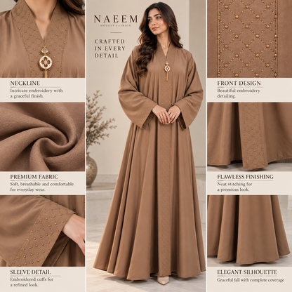 Naeem Boutique Mocha Brown Embellished Abaya for Women – Elegant Full Length Modest Maxi Dress with Decorative Front & Wide Sleeves