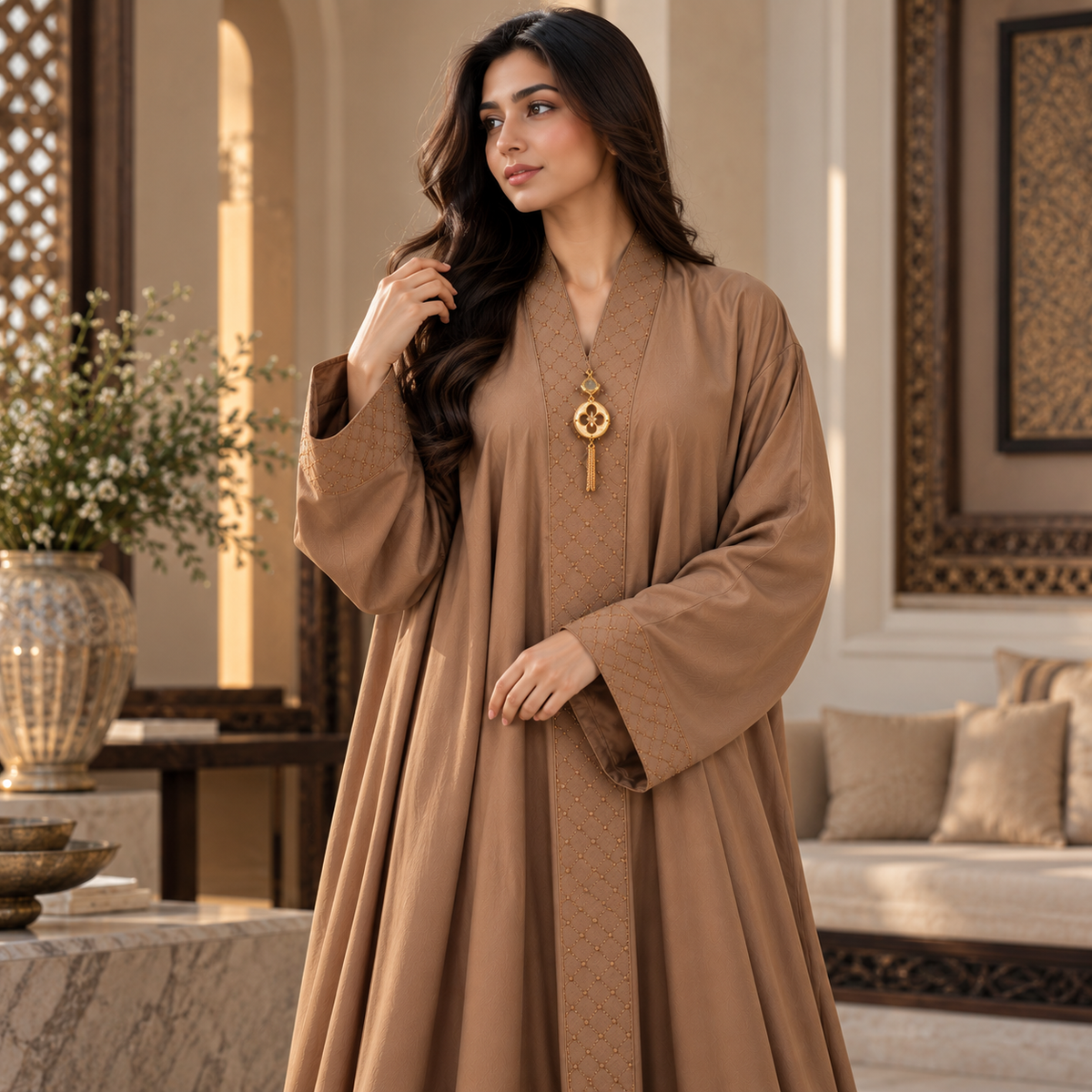 Naeem Boutique Mocha Brown Embellished Abaya for Women – Elegant Full Length Modest Maxi Dress with Decorative Front & Wide Sleeves