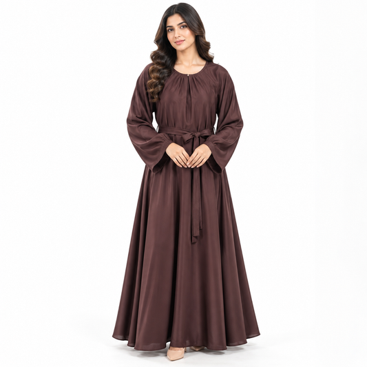 Naeem Boutique Chocolate Brown Belted Abaya for Women – Elegant Full Length Modest Maxi Dress with Flared Sleeves & Flowy Fit