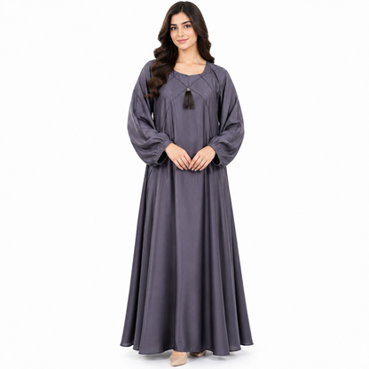 Naeem Boutique Slate Grey Abaya for Women – Elegant Tassel Neck Maxi Abaya with Balloon Sleeves, Loose Fit Modest Islamic Dress