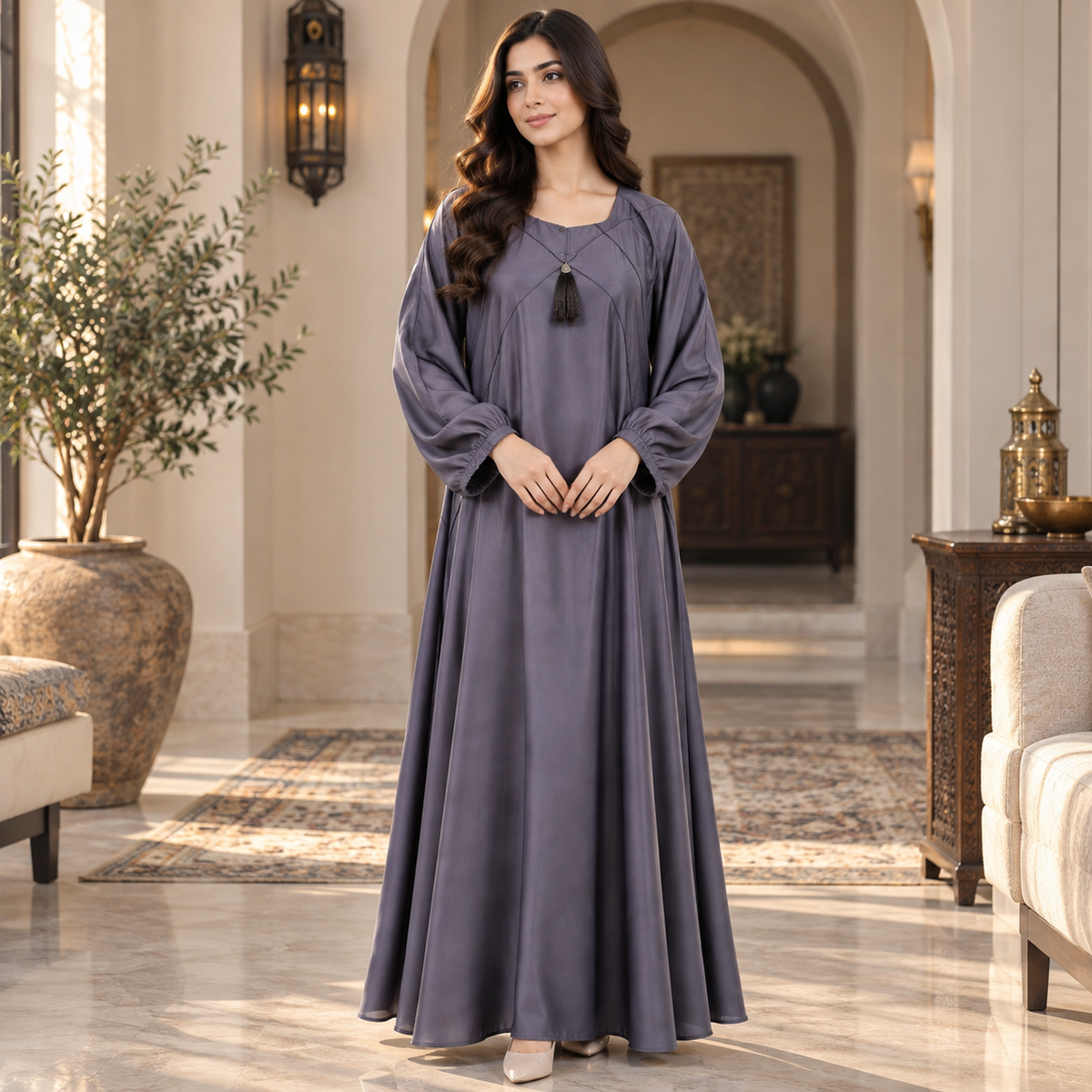 Naeem Boutique Slate Grey Abaya for Women – Elegant Tassel Neck Maxi Abaya with Balloon Sleeves, Loose Fit Modest Islamic Dress