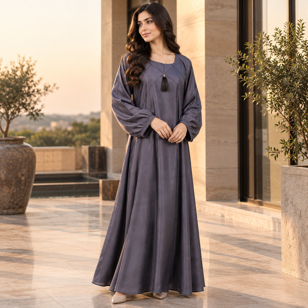 Naeem Boutique Slate Grey Abaya for Women – Elegant Tassel Neck Maxi Abaya with Balloon Sleeves, Loose Fit Modest Islamic Dress