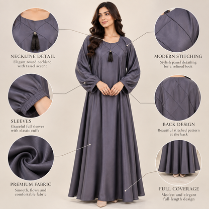 Naeem Boutique Slate Grey Abaya for Women – Elegant Tassel Neck Maxi Abaya with Balloon Sleeves, Loose Fit Modest Islamic Dress