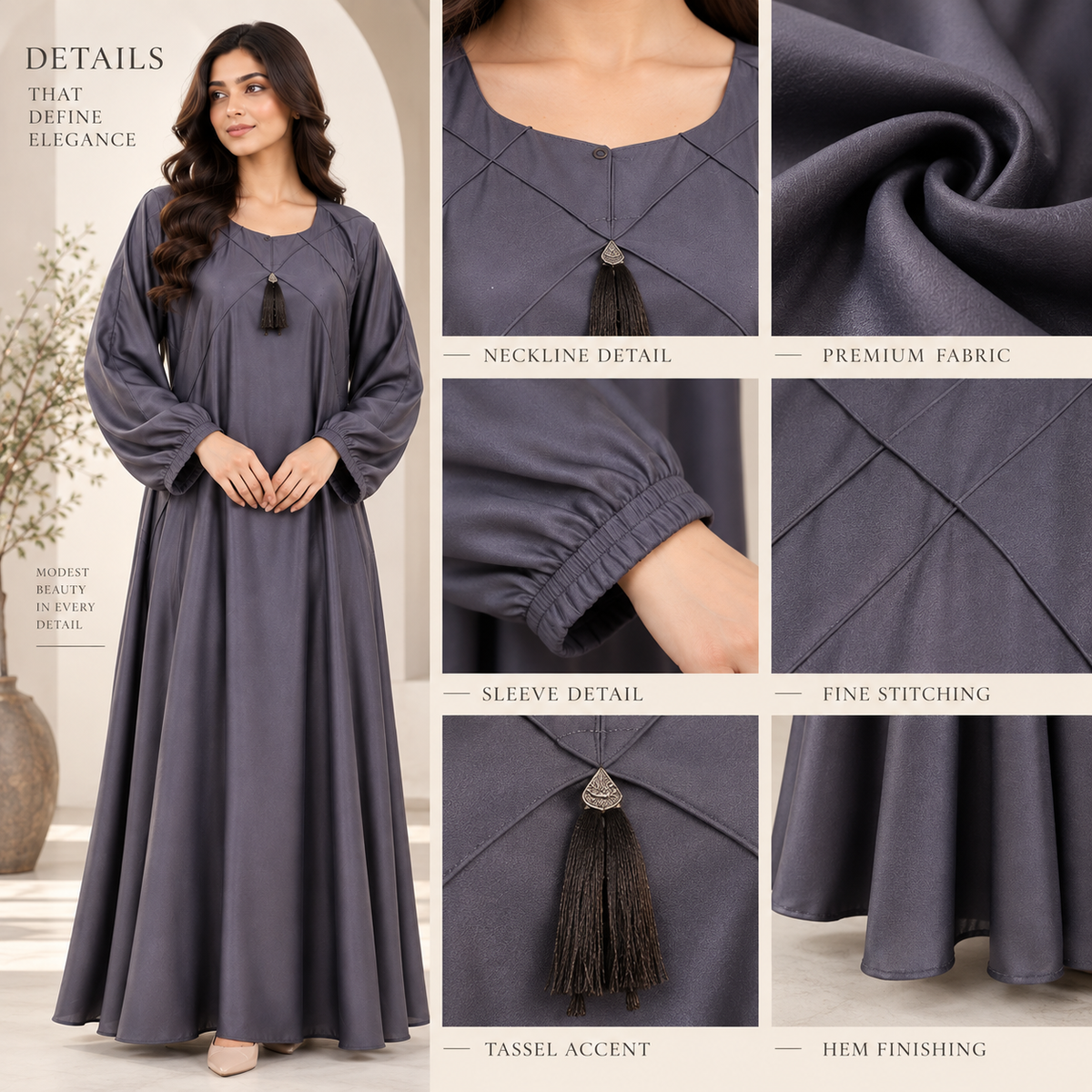 Naeem Boutique Slate Grey Abaya for Women – Elegant Tassel Neck Maxi Abaya with Balloon Sleeves, Loose Fit Modest Islamic Dress
