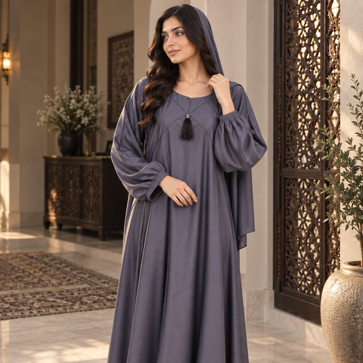 Naeem Boutique Slate Grey Abaya for Women – Elegant Tassel Neck Maxi Abaya with Balloon Sleeves, Loose Fit Modest Islamic Dress
