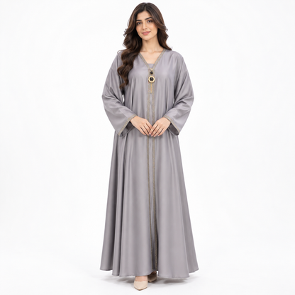 Naeem Boutique Silver Grey Abaya for Women – Elegant Gold Trim Open Style Maxi Abaya with Wide Sleeves, Luxury Modest Islamic Dress