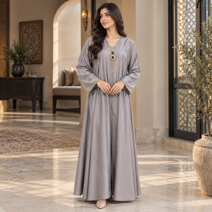 Naeem Boutique Silver Grey Abaya for Women – Elegant Gold Trim Open Style Maxi Abaya with Wide Sleeves, Luxury Modest Islamic Dress