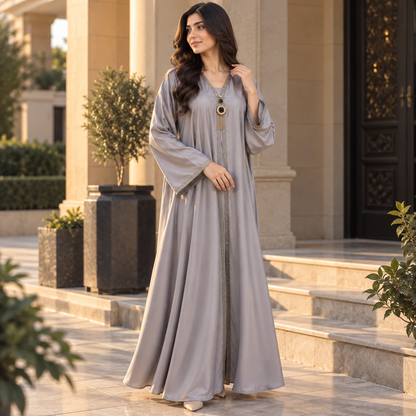 Naeem Boutique Silver Grey Abaya for Women – Elegant Gold Trim Open Style Maxi Abaya with Wide Sleeves, Luxury Modest Islamic Dress