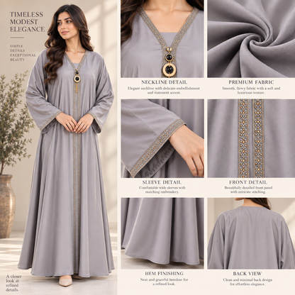 Naeem Boutique Silver Grey Abaya for Women – Elegant Gold Trim Open Style Maxi Abaya with Wide Sleeves, Luxury Modest Islamic Dress