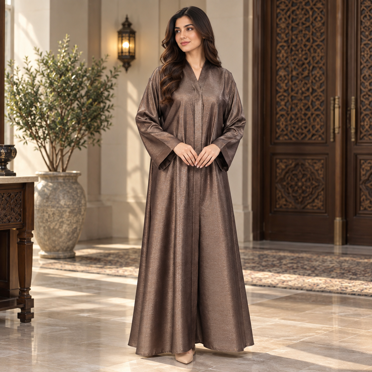 Naeem Boutique Metallic Bronze Abaya for Women – Luxury Shimmer Full-Length Maxi Abaya with Wide Sleeves, Elegant Modest Occasion Wear