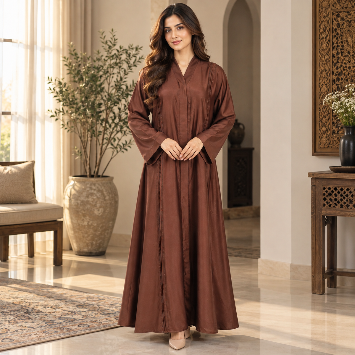 Naeem Boutique Rust Brown Abaya for Women – Elegant Full-Length Modest Maxi Abaya with Wide Sleeves & Refined Panel Detailing