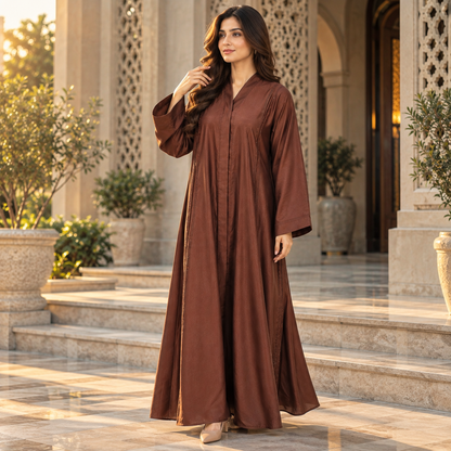 Naeem Boutique Rust Brown Abaya for Women – Elegant Full-Length Modest Maxi Abaya with Wide Sleeves & Refined Panel Detailing