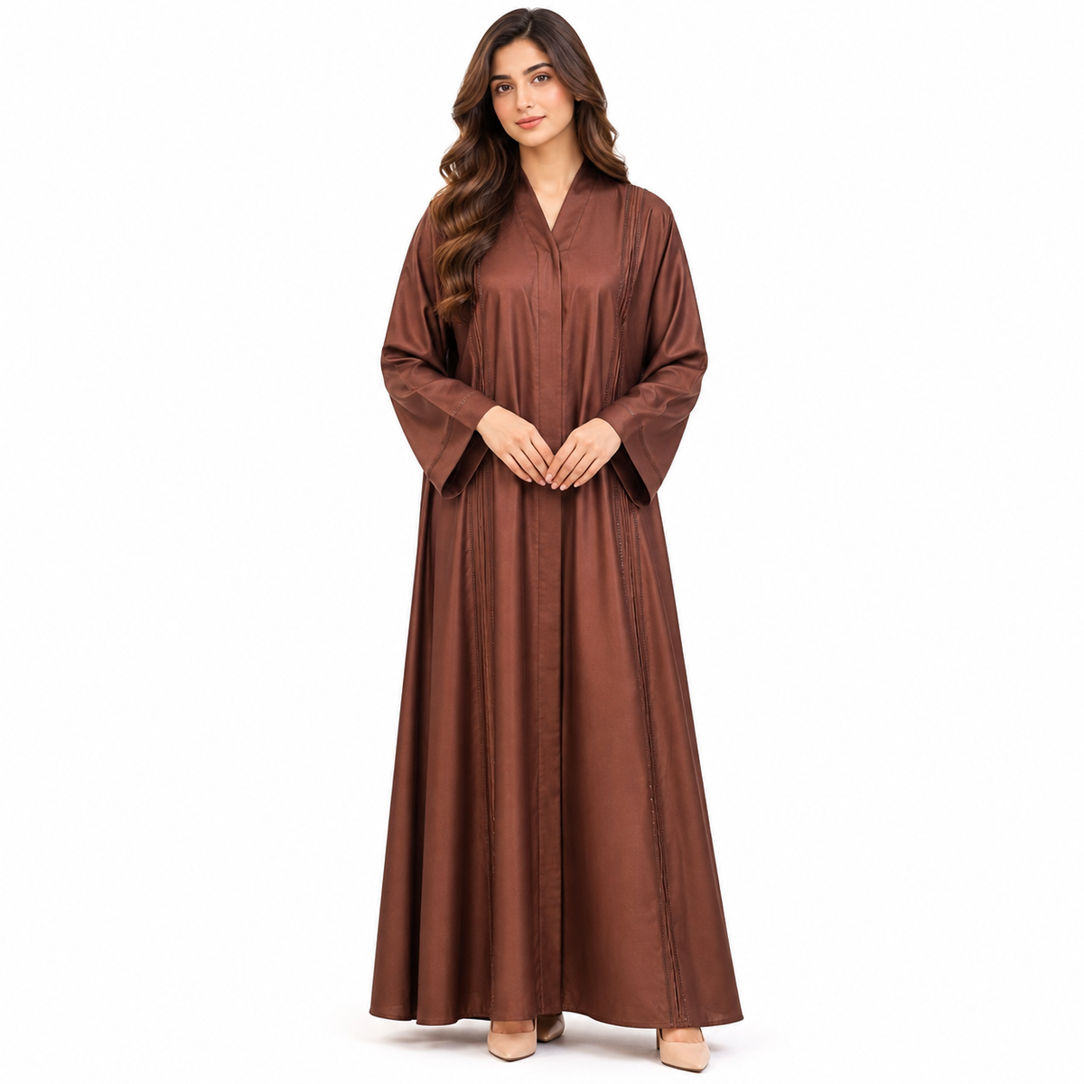 Naeem Boutique Rust Brown Abaya for Women – Elegant Full-Length Modest Maxi Abaya with Wide Sleeves & Refined Panel Detailing