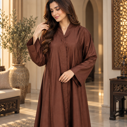 Naeem Boutique Rust Brown Abaya for Women – Elegant Full-Length Modest Maxi Abaya with Wide Sleeves & Refined Panel Detailing