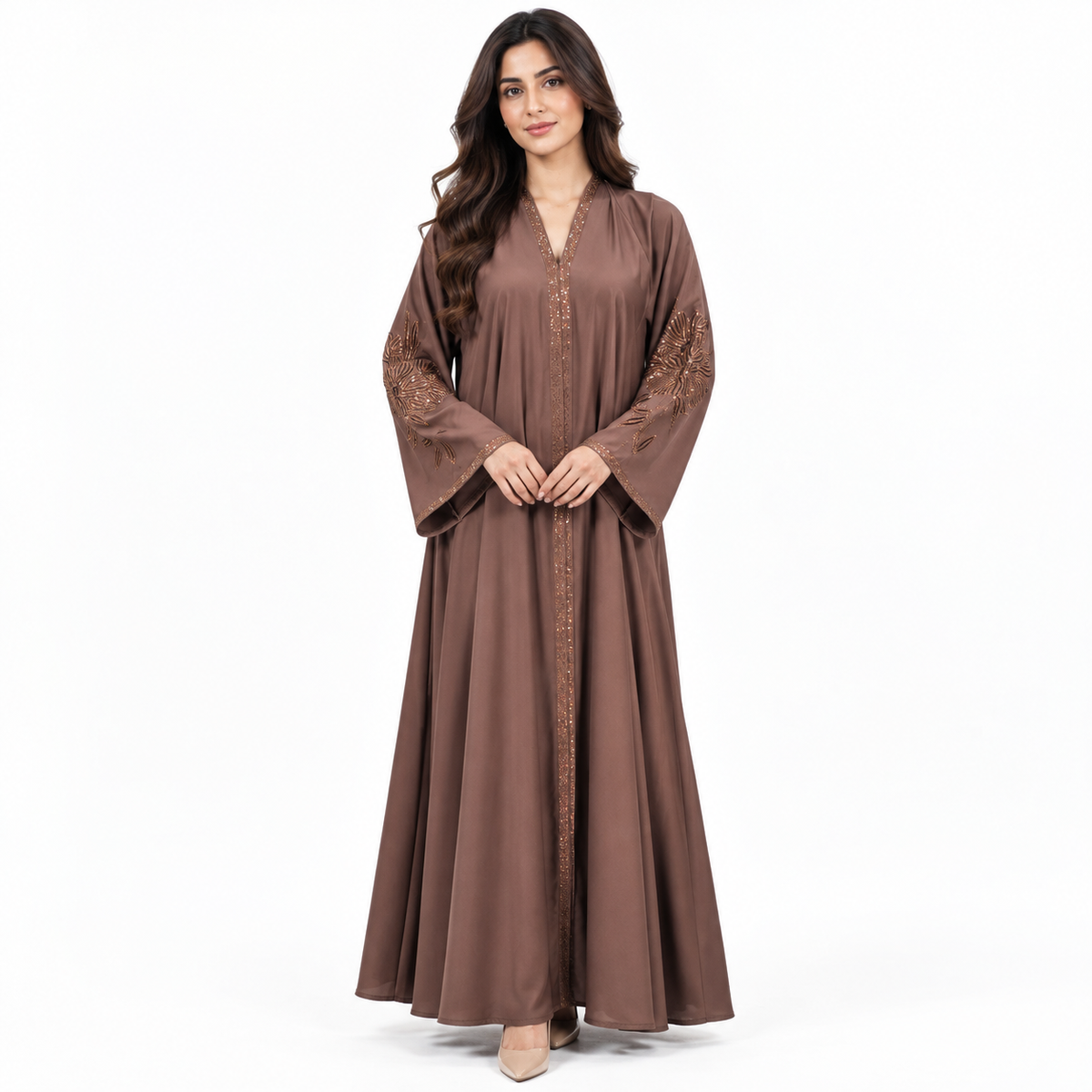 Naeem Boutique Mocha Brown Embellished Abaya for Women –200-Inch Flair Beaded Sleeve Full-Length Maxi Abaya, Elegant Modest Occasion Wear