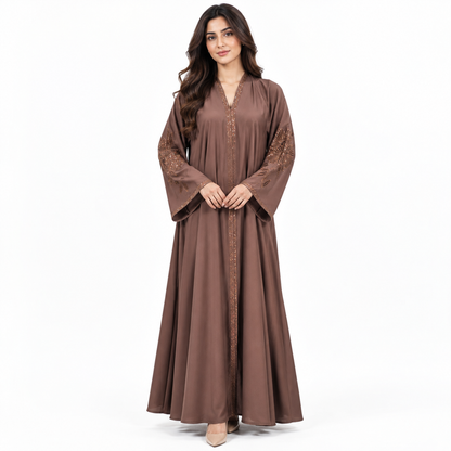 Naeem Boutique Mocha Brown Embellished Abaya for Women –200-Inch Flair Beaded Sleeve Full-Length Maxi Abaya, Elegant Modest Occasion Wear