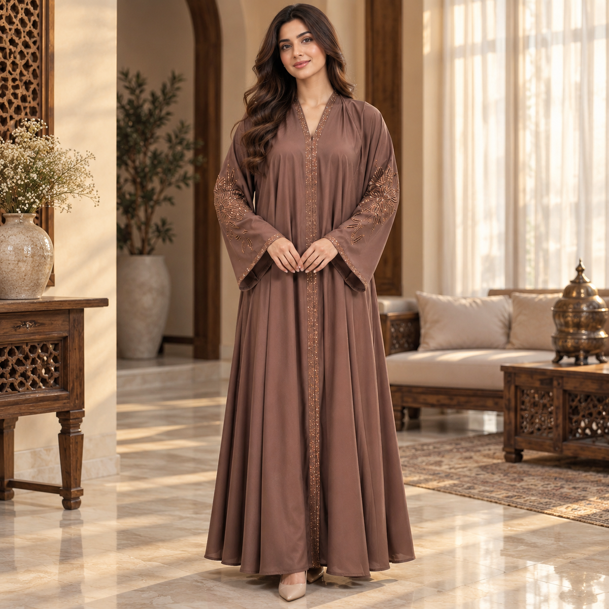 Naeem Boutique Mocha Brown Embellished Abaya for Women –200-Inch Flair Beaded Sleeve Full-Length Maxi Abaya, Elegant Modest Occasion Wear