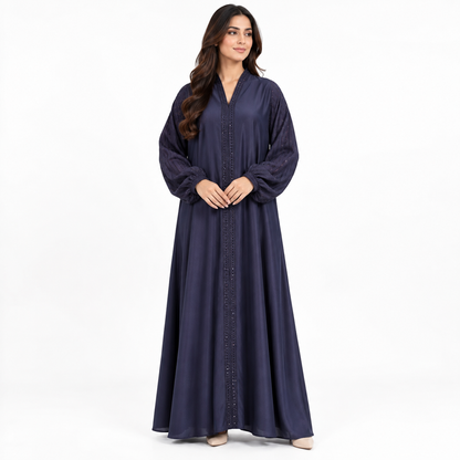 Naeem Boutique Navy Blue Embellished Abaya for Women – Elegant 200-Inch Flair Full-Length Modest Dress with Statement Balloon Sleeves