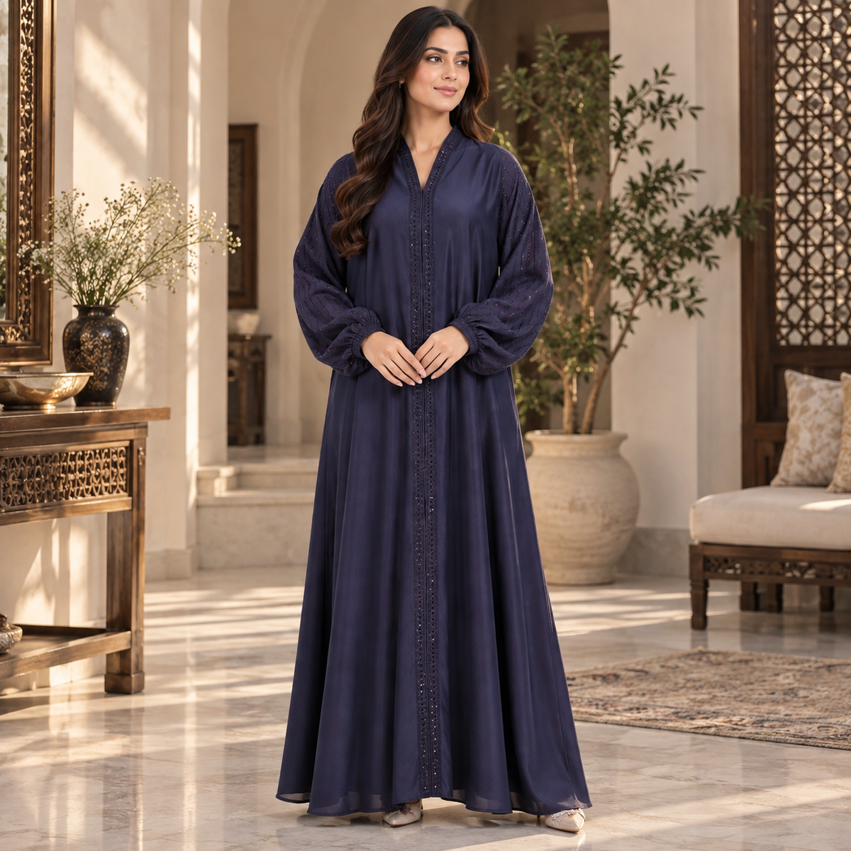 Naeem Boutique Navy Blue Embellished Abaya for Women – Elegant 200-Inch Flair Full-Length Modest Dress with Statement Balloon Sleeves